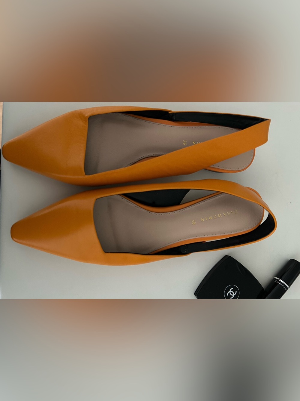 ZARA Women's Square Toe Slingback Flats in Orange
